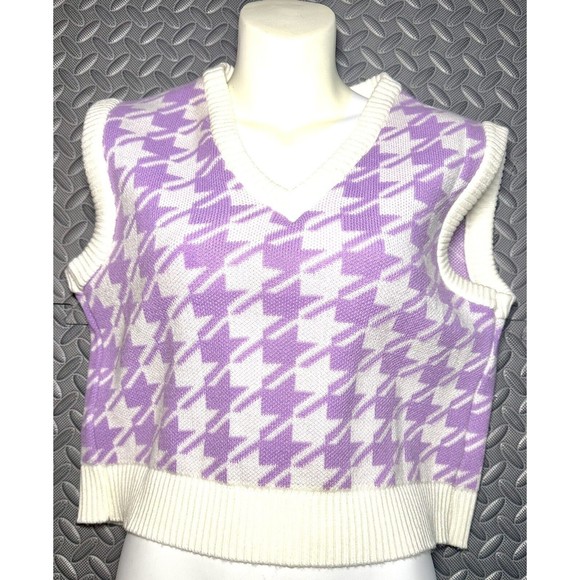 Sasha V Neck Houndstooth Pattern Lilac Sweater Preppy acrylic crop Vest Y2K Sz L - Picture 1 of 9